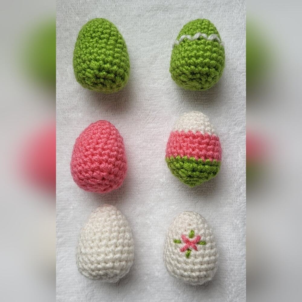 Crochet Eggs - Coral Lime White - Set of Six - Handmade - Picture 3 of 6